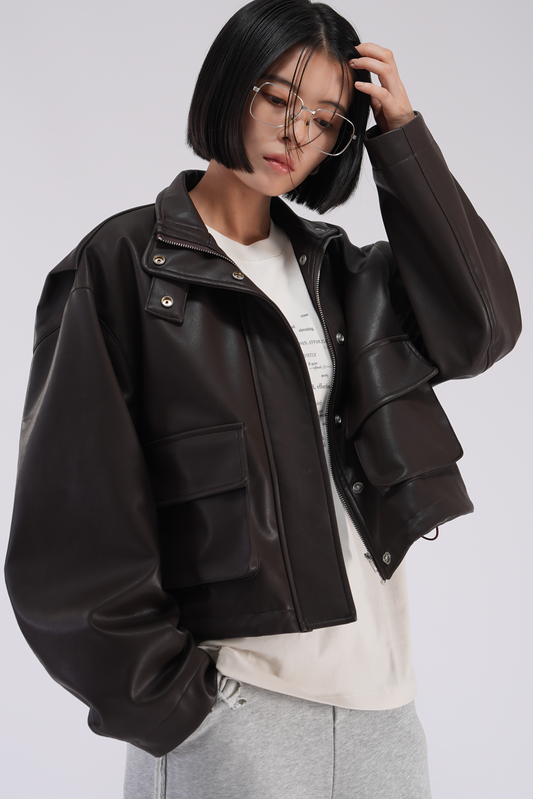 2way faux leather jacket BROWN