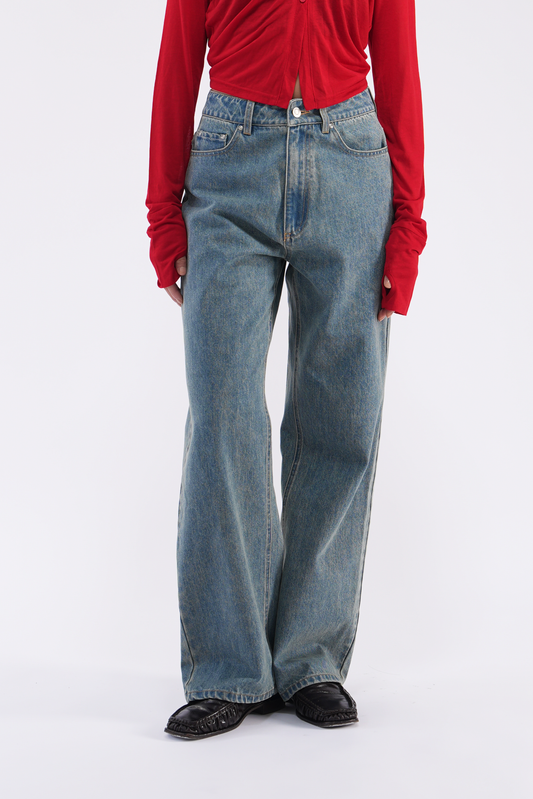 Washed straight denim pants BLUE