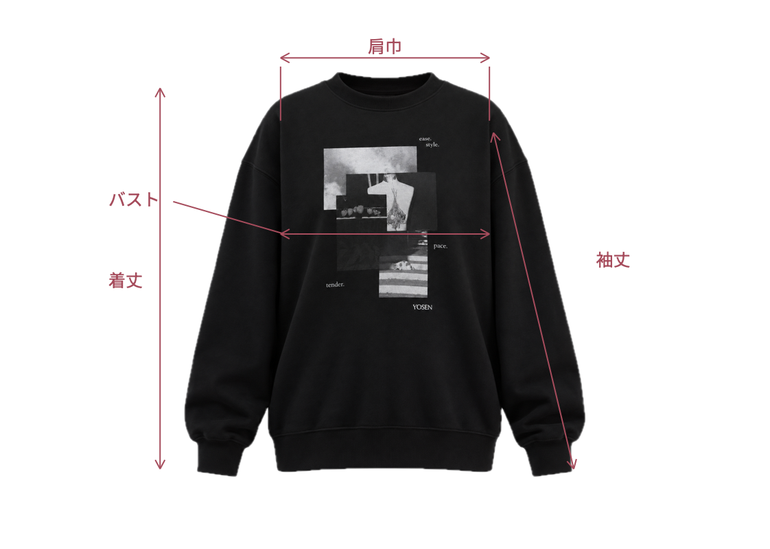 Note oversized sweat PO BLACK 採寸箇所